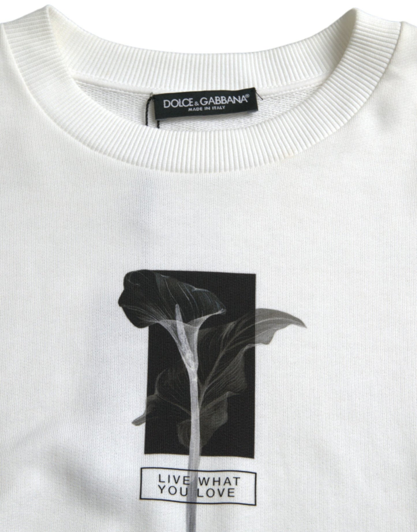 Dolce & Gabbana White Floral Cotton Crew Neck Pullover Sweater