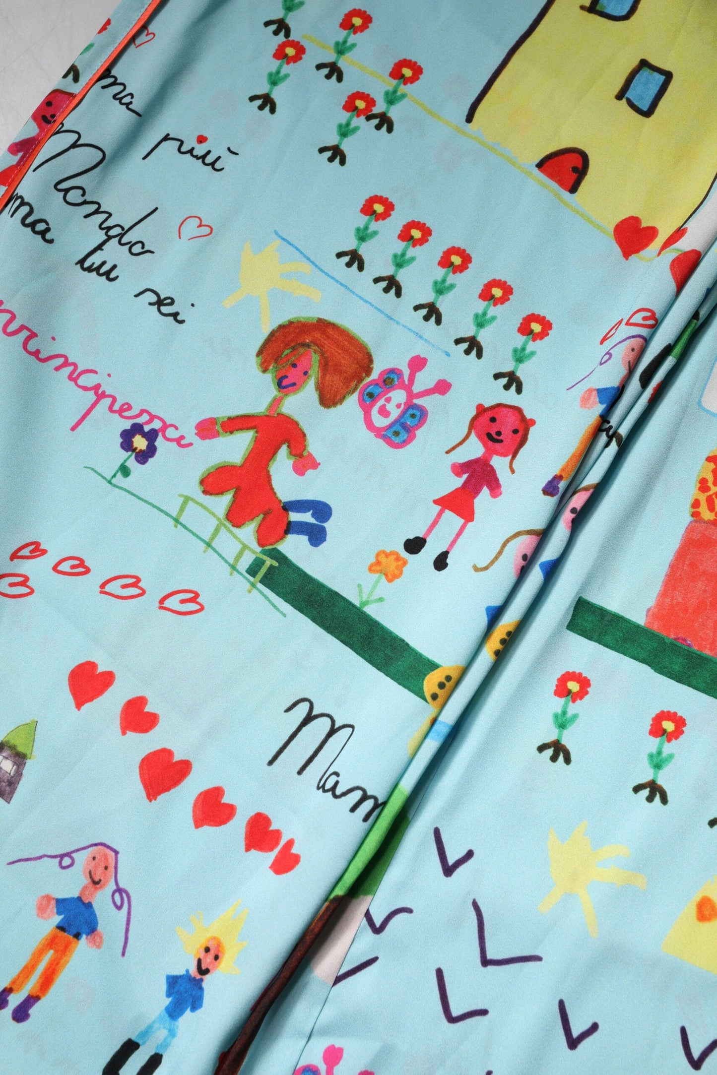 Dolce & Gabbana Light Blue Drawing Mid Waist Wide Leg Pants