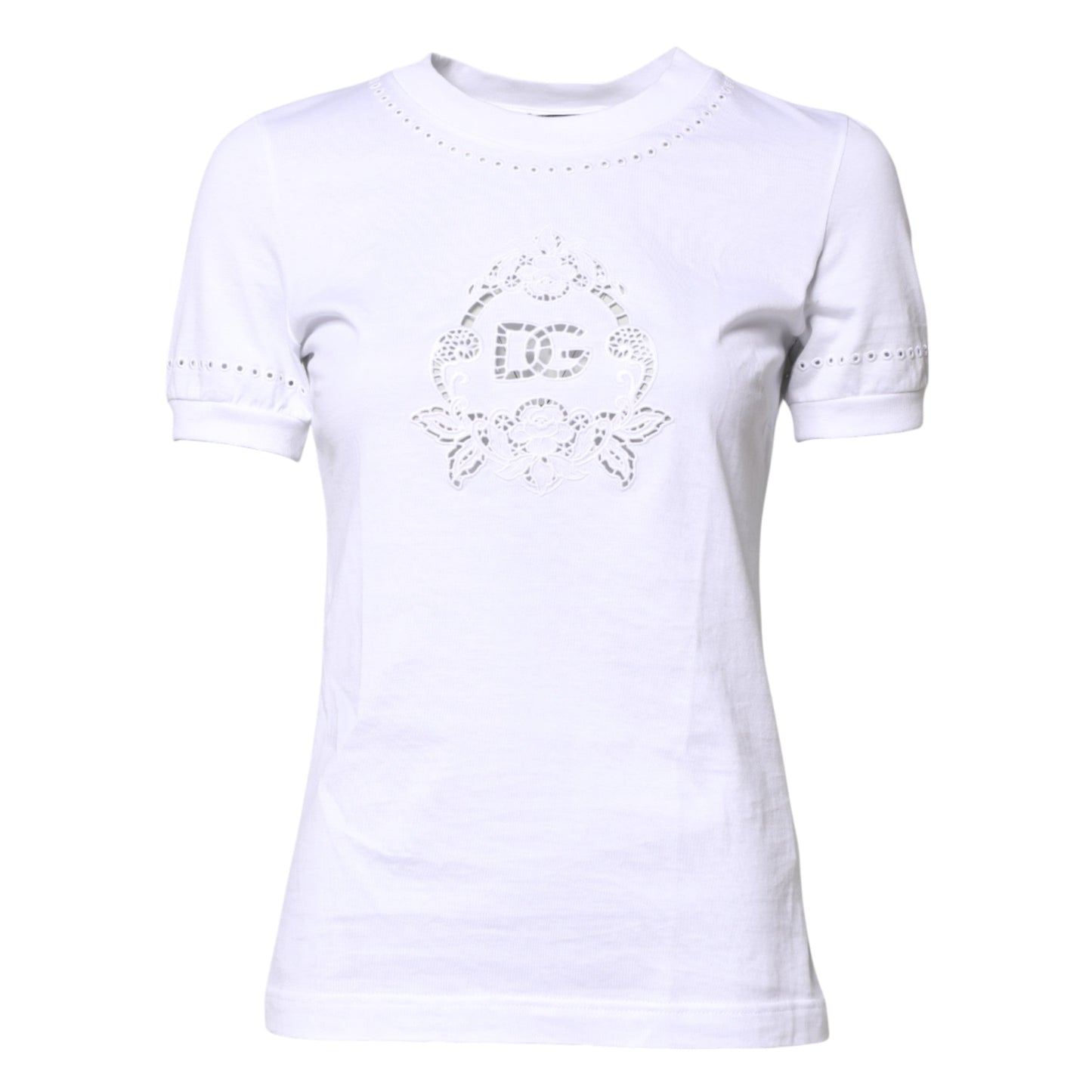 Dolce & Gabbana White Cotton Floral Logo Crew Neck T-shirt