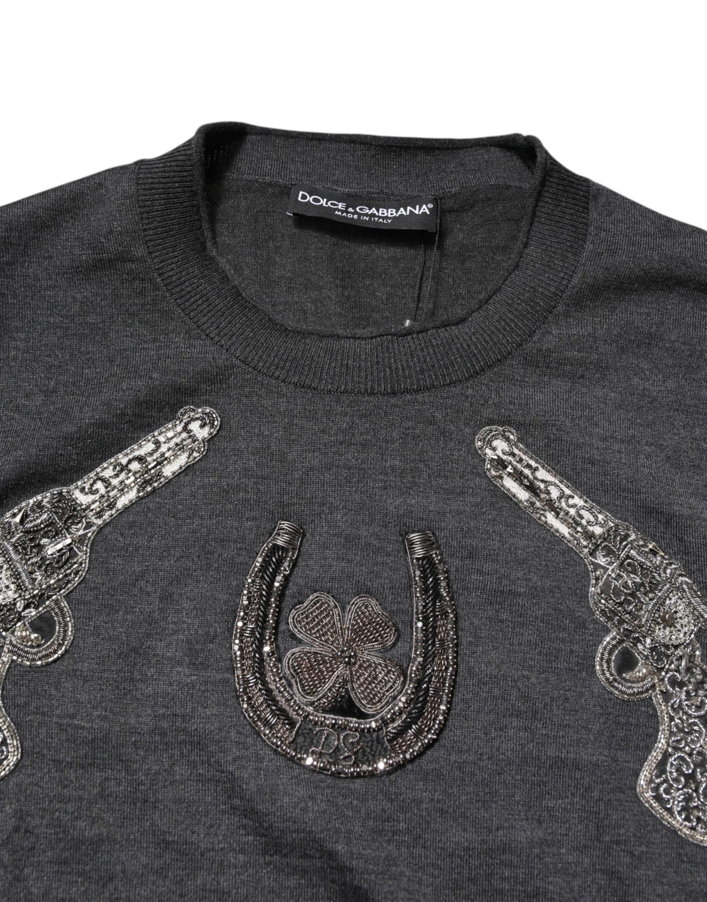 Dolce & Gabbana Gray Embroidery Knit Men Pullover Sweater