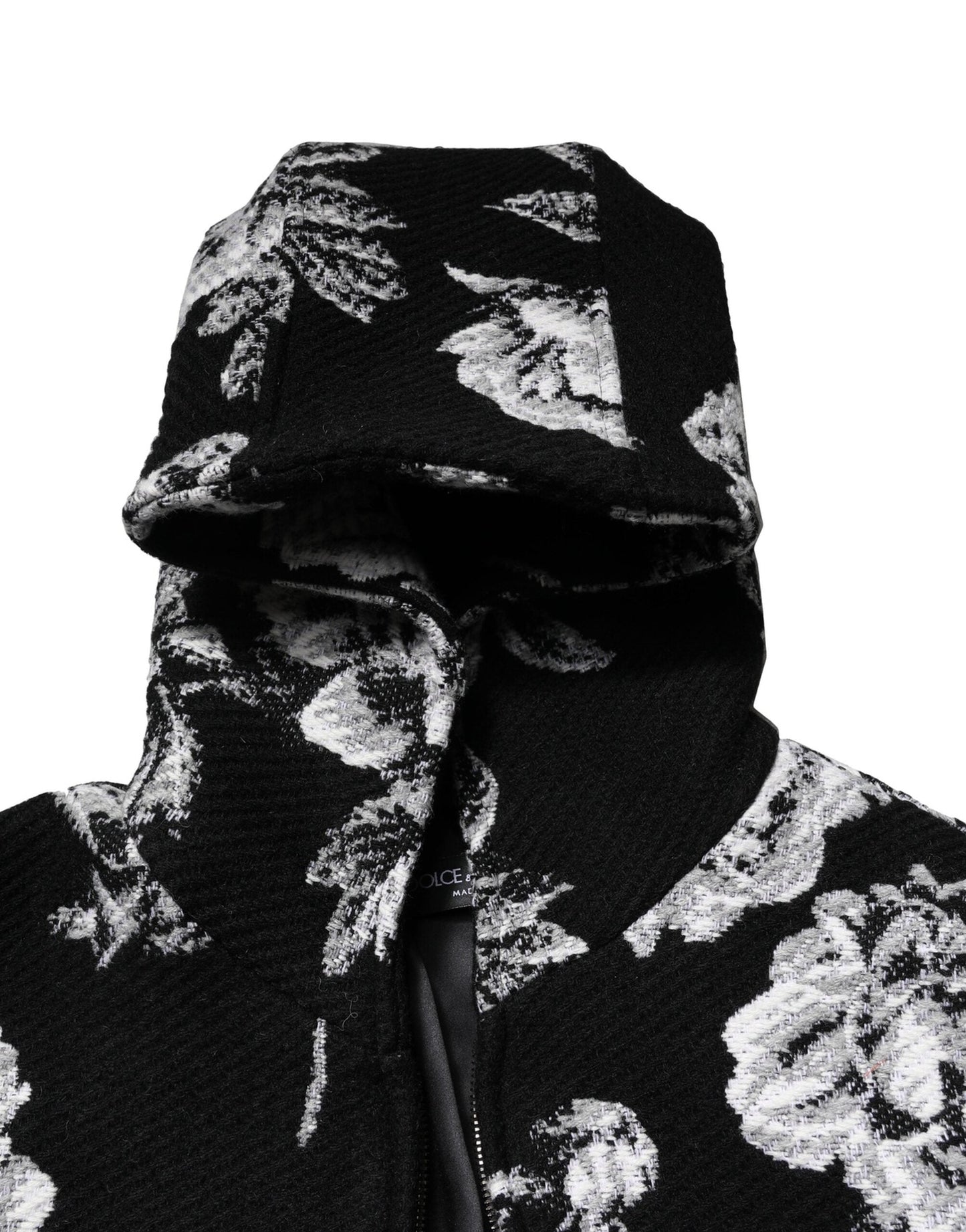 Dolce & Gabbana Black Wool Floral Printed Men Hooded Jacket
