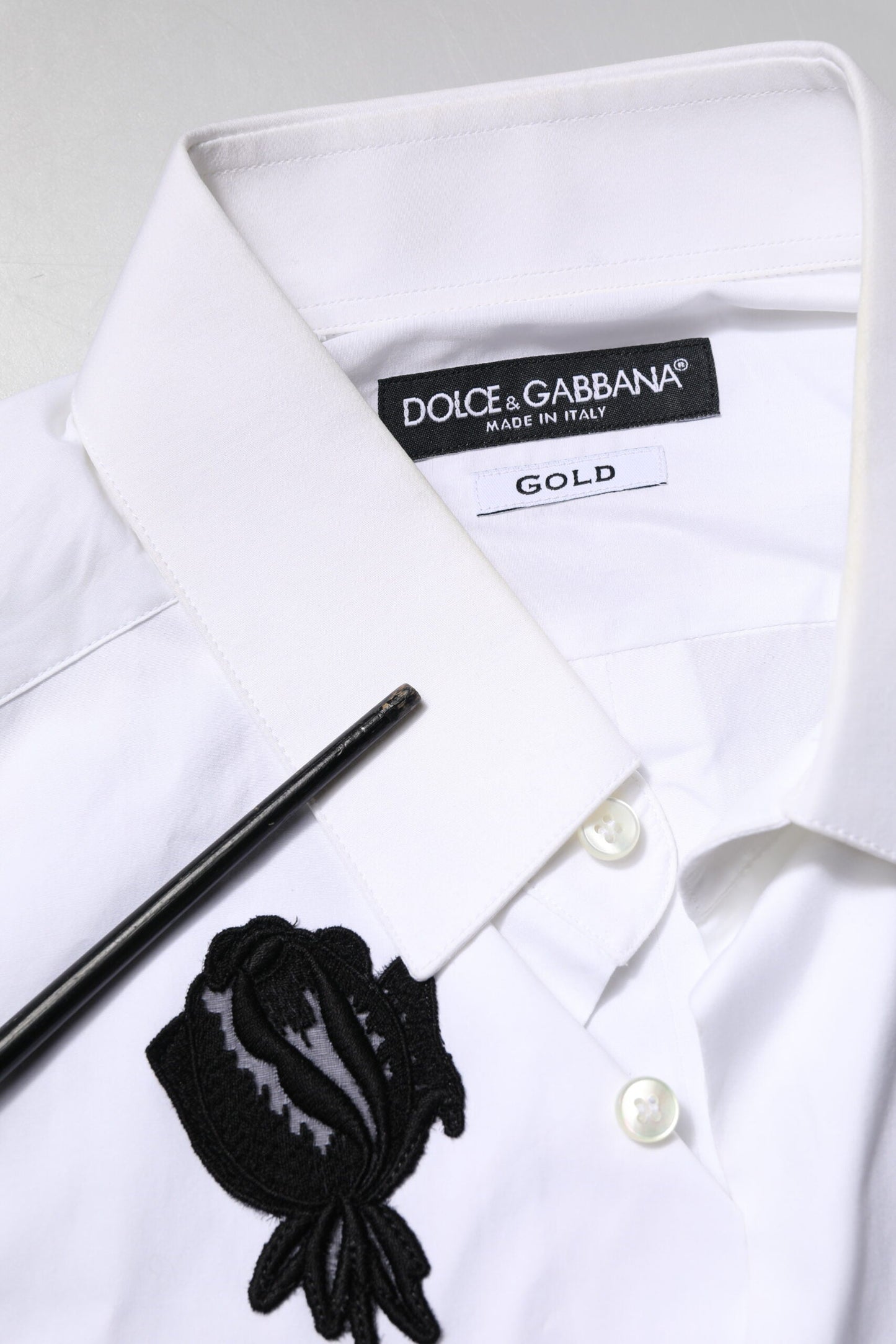 Dolce & Gabbana White Floral Embroidery Men GOLD Formal Shirt