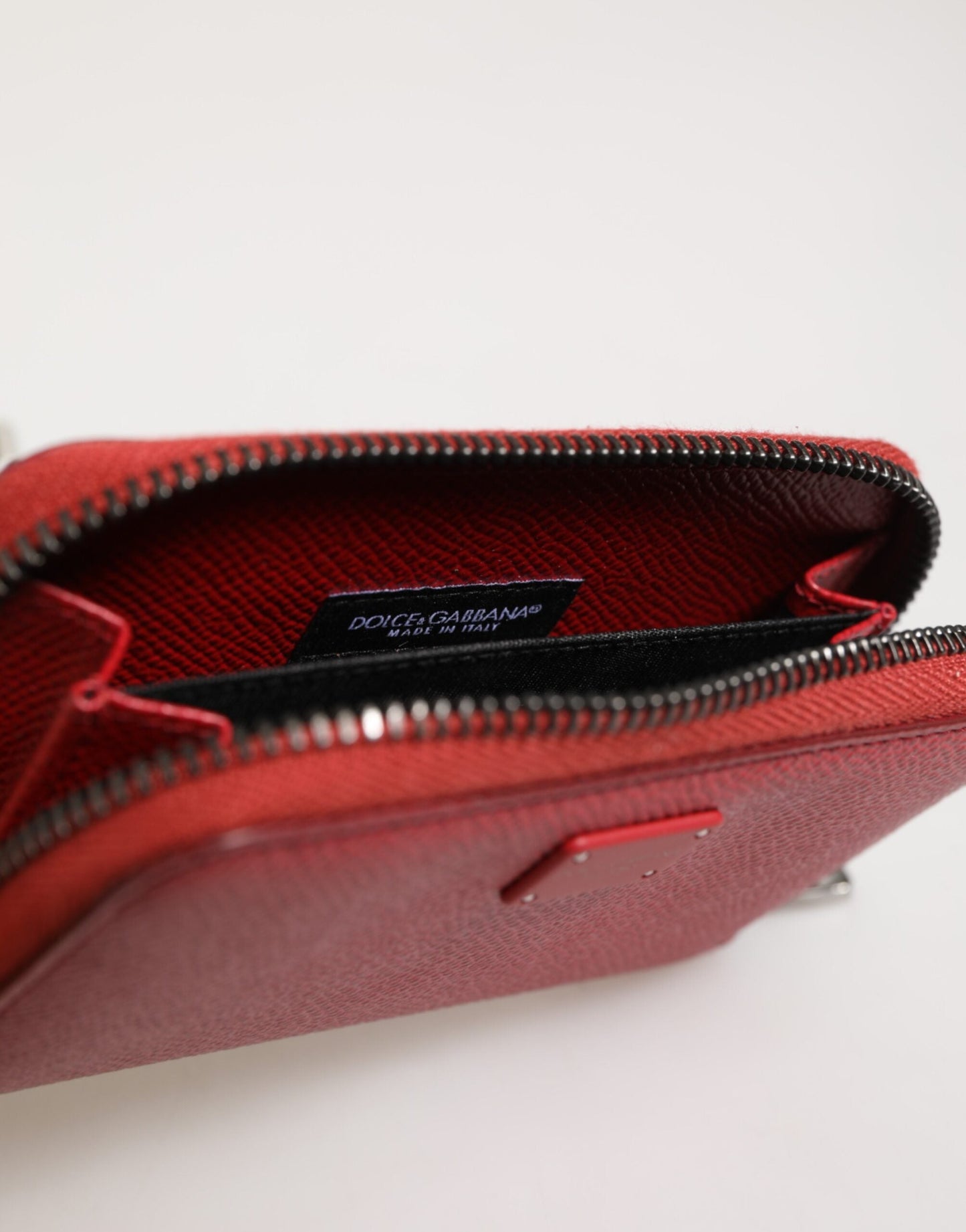Dolce & Gabbana Red Leather Zip Around Logo Plaque Men Coin Purse Wallet