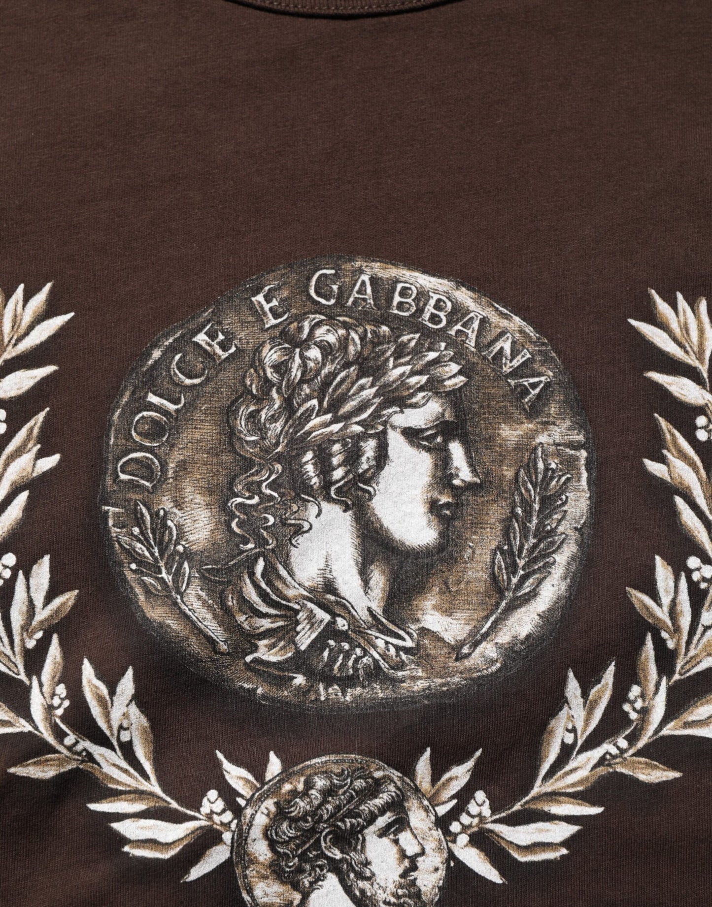 Dolce & Gabbana Brown Coin Laurel Print Men Crew Neck T-shirt