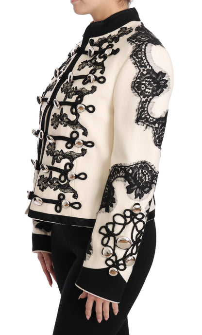 Dolce & Gabbana White Wool Black Floral Baroque Jacket