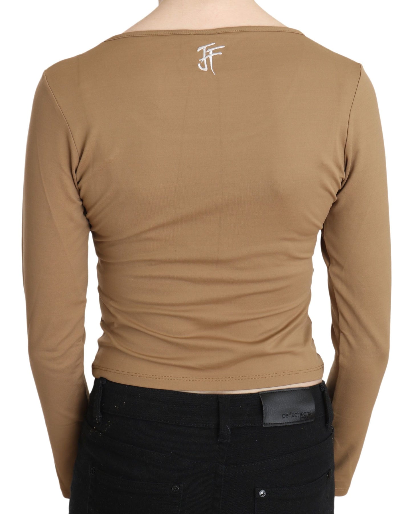 GF Ferre Brown Round Neck Long Sleeve Slim Crop Top Blouse