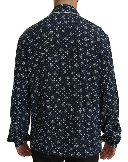 Dolce & Gabbana Blue Skull Print Silk Top Sleepwear Shirt