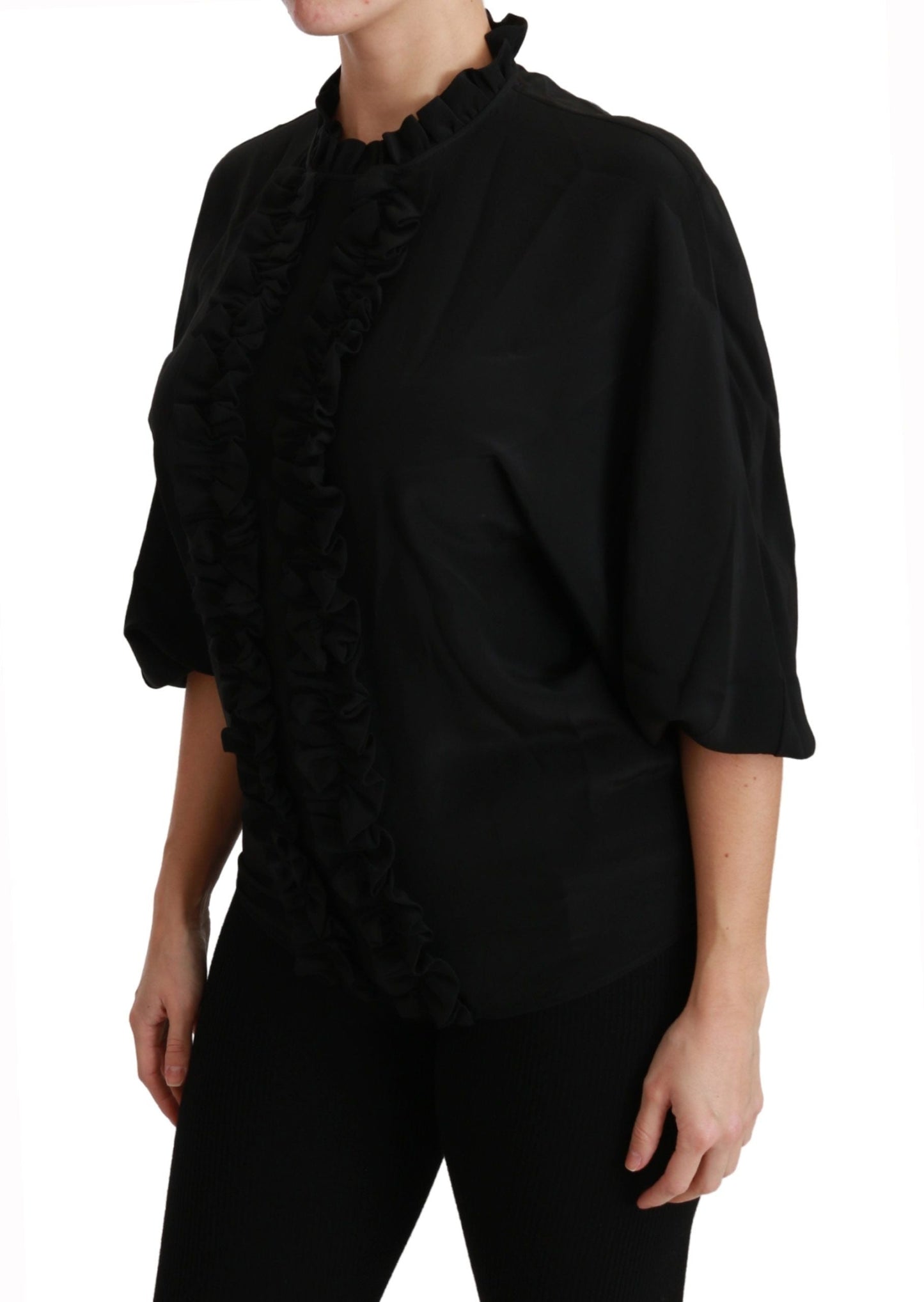 Dolce & Gabbana Black Silk Shirt Ruffled Top Blouse