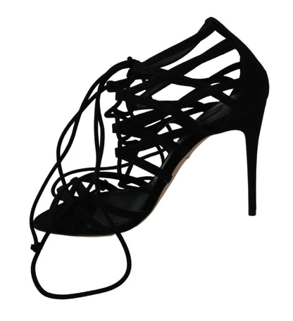 Dolce & Gabbana Black Suede Strap Stilettos Shoes Sandals