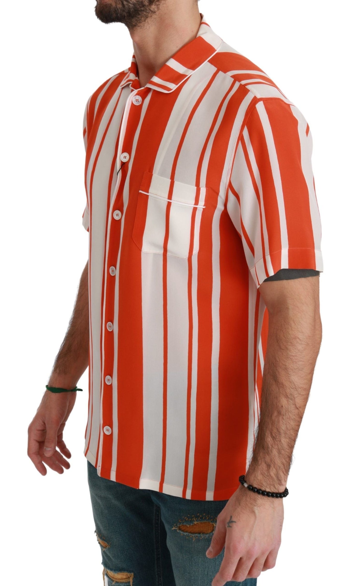 Dolce & Gabbana Orange Silk Striped Short Sleeve White Shirt