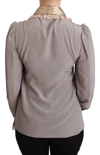 Dolce & Gabbana Gray Silk Gold Sequin Lace Blouse Shirt