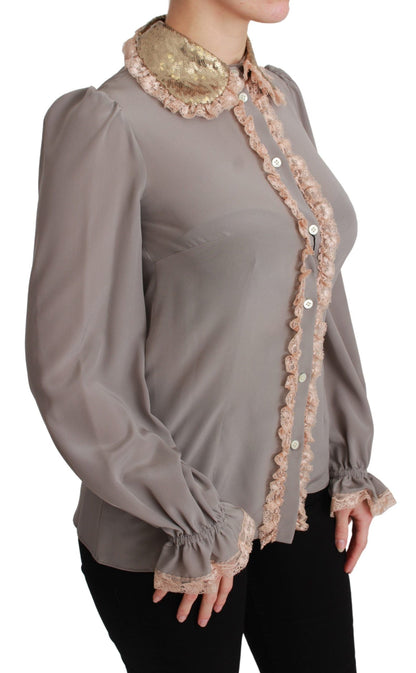 Dolce & Gabbana Gray Silk Gold Sequin Lace Blouse Shirt