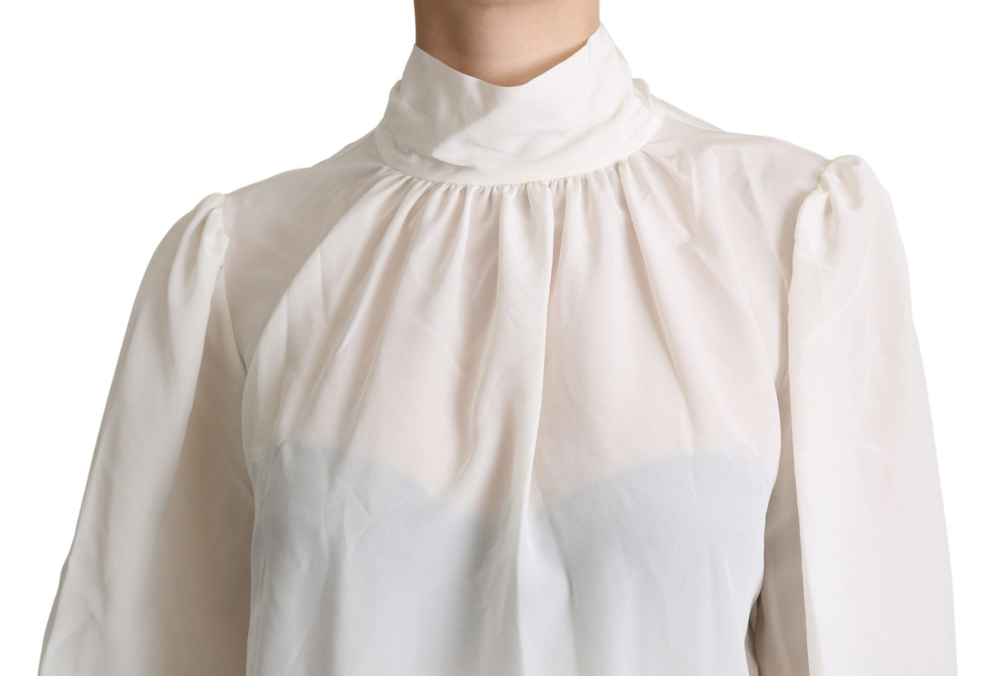 Dolce & Gabbana White Silk Pussy Bow Long Sleeved Top Blouse