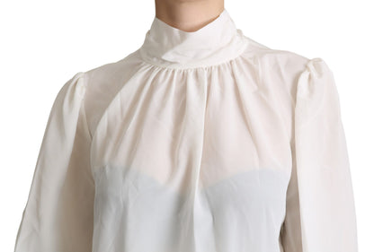 Dolce & Gabbana White Silk Pussy Bow Long Sleeved Top Blouse