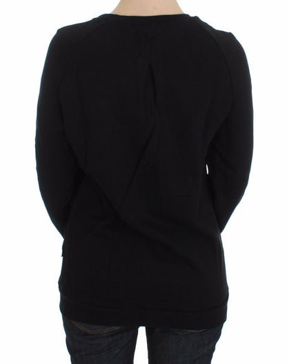 Exte Black Cotton Motive Print Crewneck Pullover Sweater