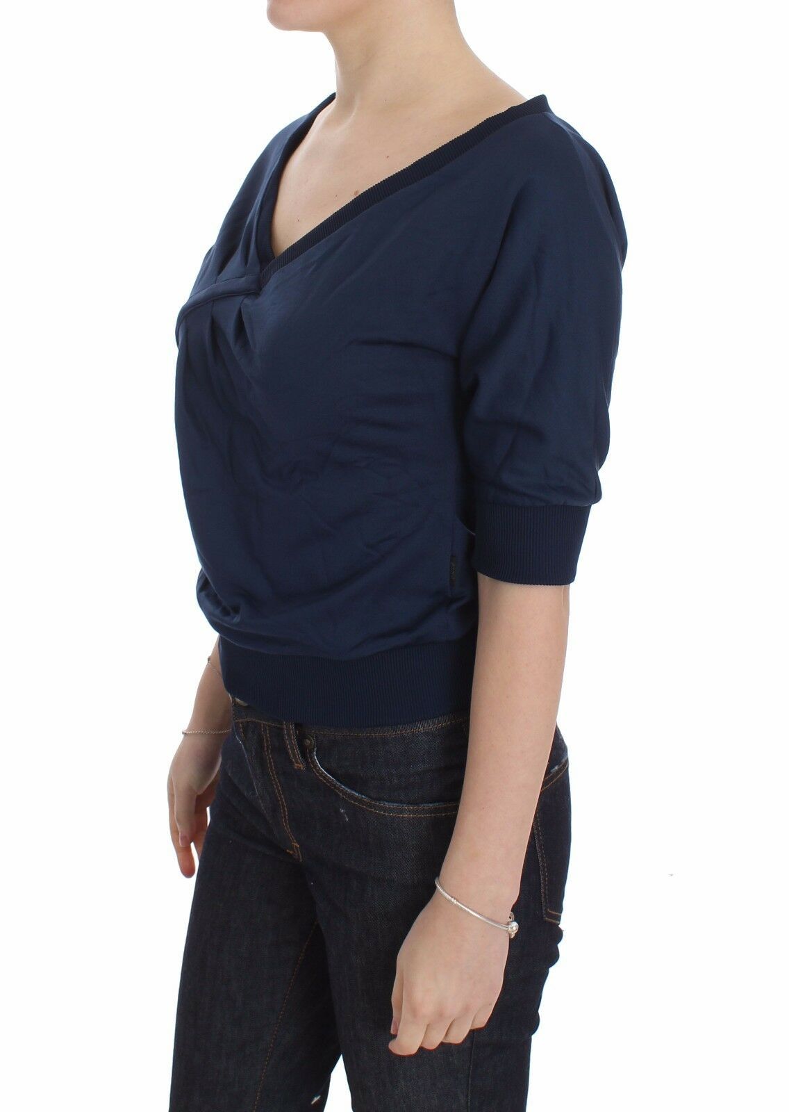 Exte Blue Cotton Top Pullover Deep V-neck Women Sweater