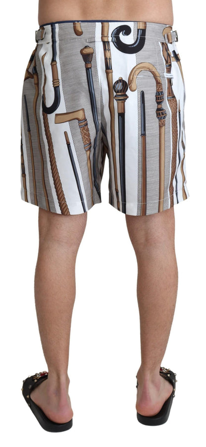 Dolce & Gabbana White Walking Stick Beachwear Shorts Swimshorts