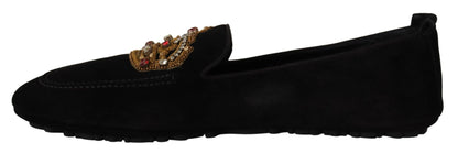 Dolce & Gabbana Black Leather Crystal Gold Crown Loafers Shoes