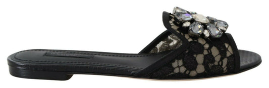 Dolce & Gabbana Black Taormina Lace Slides Crystals Flats Shoes