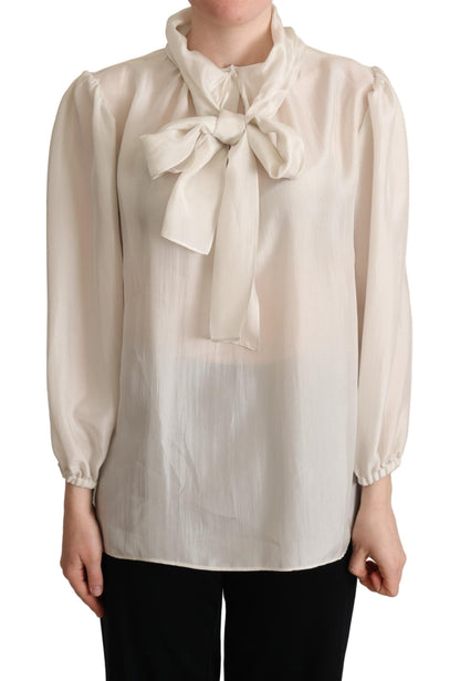 Dolce & Gabbana Light Gray Ascot Collar Shirt Silk Blouse Top