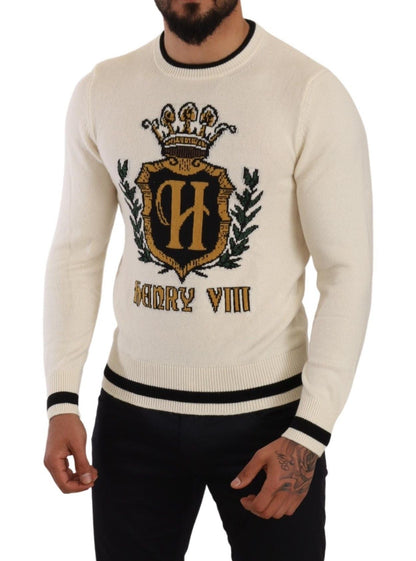Dolce & Gabbana White Heraldic Cashmere Pullover Sweater