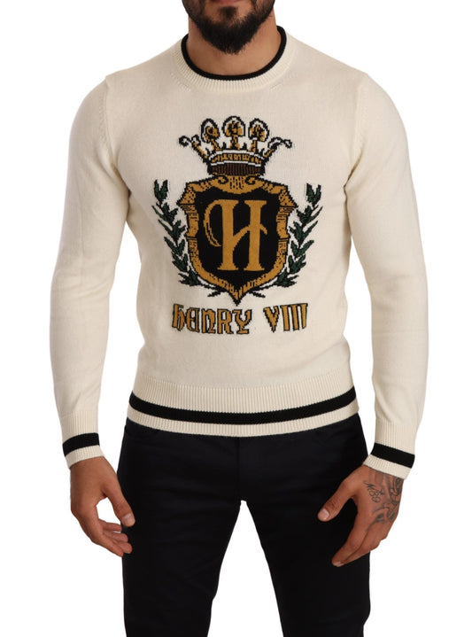 Dolce & Gabbana White Heraldic Cashmere Pullover Sweater