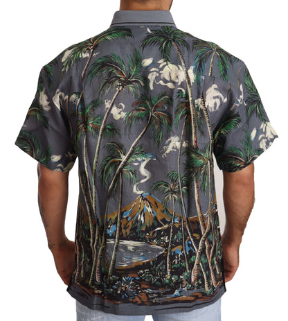 Dolce & Gabbana Gray Linen Tropical Print Collared Shirt