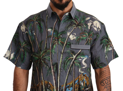 Dolce & Gabbana Gray Linen Tropical Print Collared Shirt