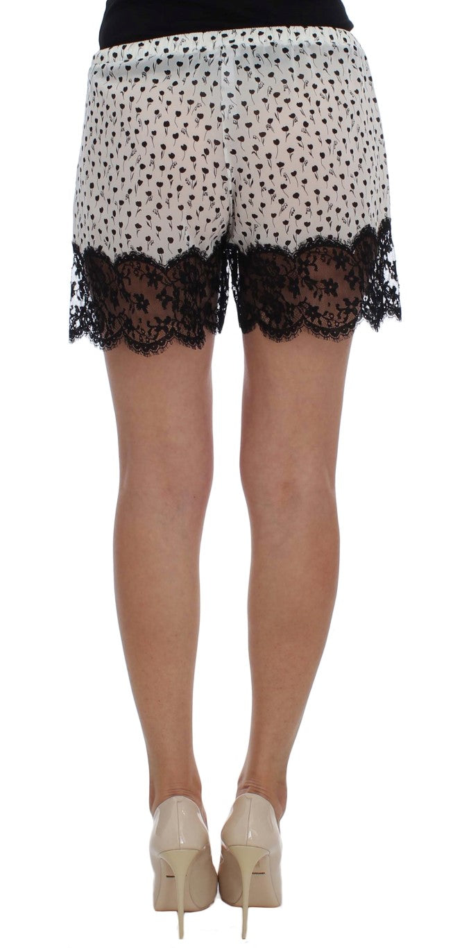 Dolce & Gabbana White Black Floral Lace Silk Sleepwear Shorts