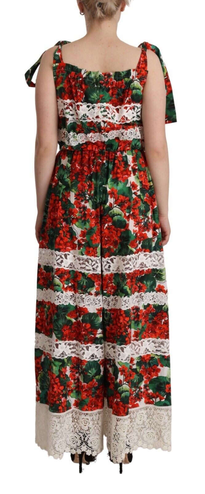 Dolce & Gabbana Multicolor Geranium Print Lace Long Maxi Dress