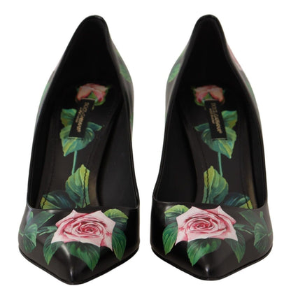 Dolce & Gabbana Black Leather Roses High Heels Pumps Shoes