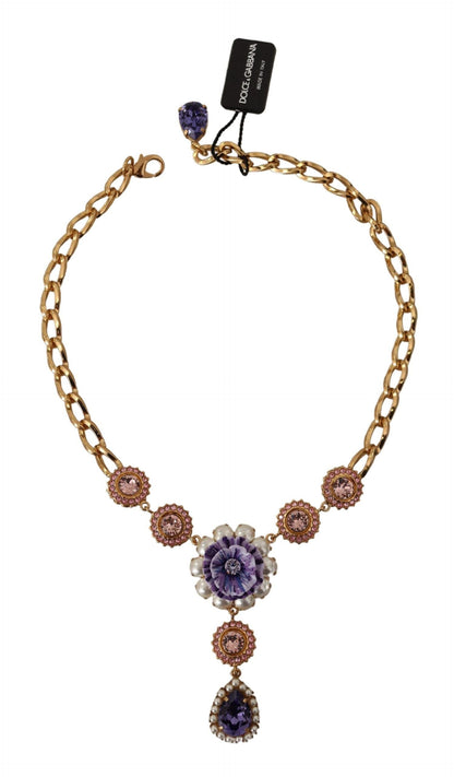 Dolce & Gabbana Gold Brass Crystal Purple Pink Pearl Pendants Necklace