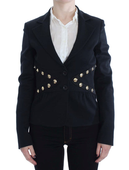 Exte Black Cotton Stretch Gold Studded Blazer Jacket