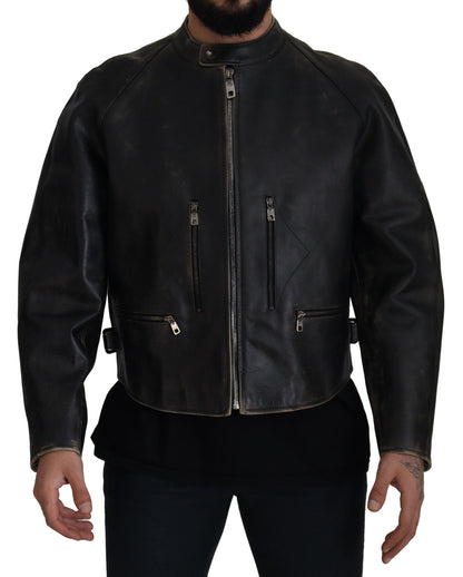 Dolce & Gabbana Black Leather Zipper Biker Coat Jacket