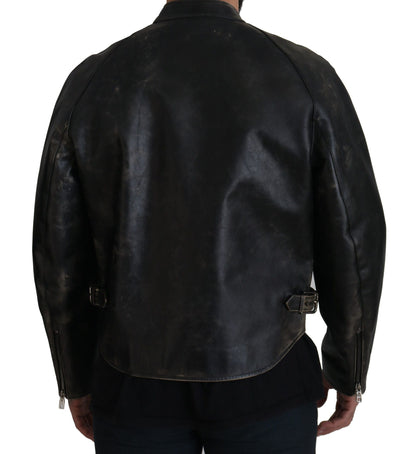 Dolce & Gabbana Black Leather Zipper Biker Coat Jacket