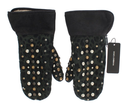Dolce & Gabbana Gray Wool Shearling Studded Green Leopard Gloves