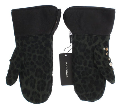 Dolce & Gabbana Gray Wool Shearling Studded Green Leopard Gloves