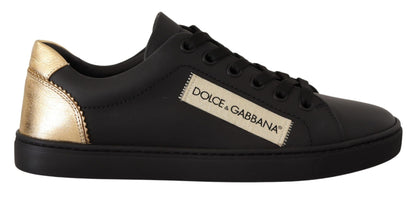 Dolce & Gabbana Black Gold Leather Low Top Sneakers Womens Shoes
