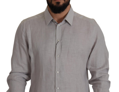 Dolce & Gabbana Gray Linen Long Sleeves Formal GOLD Shirt