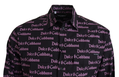 Dolce & Gabbana Black Purple Logo Slim Dress Formal Shirt