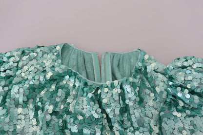 Dolce & Gabbana Blue Sequined Pleated Aline Midi Nylon Dress