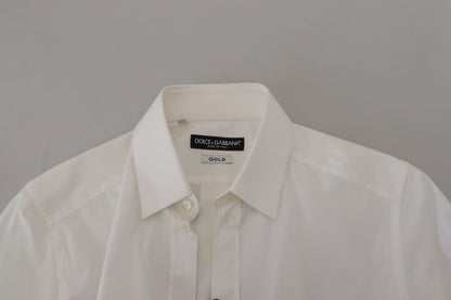 Dolce & Gabbana White Cotton Slim Fit Formal Dress GOLD Shirt