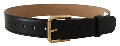 Dolce & Gabbana Black Solid Leather Classic Gold Waist Buckle Belt