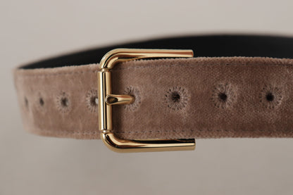 Dolce & Gabbana Light Brown Velvet Gold Tone Logo Metal Buckle Belt
