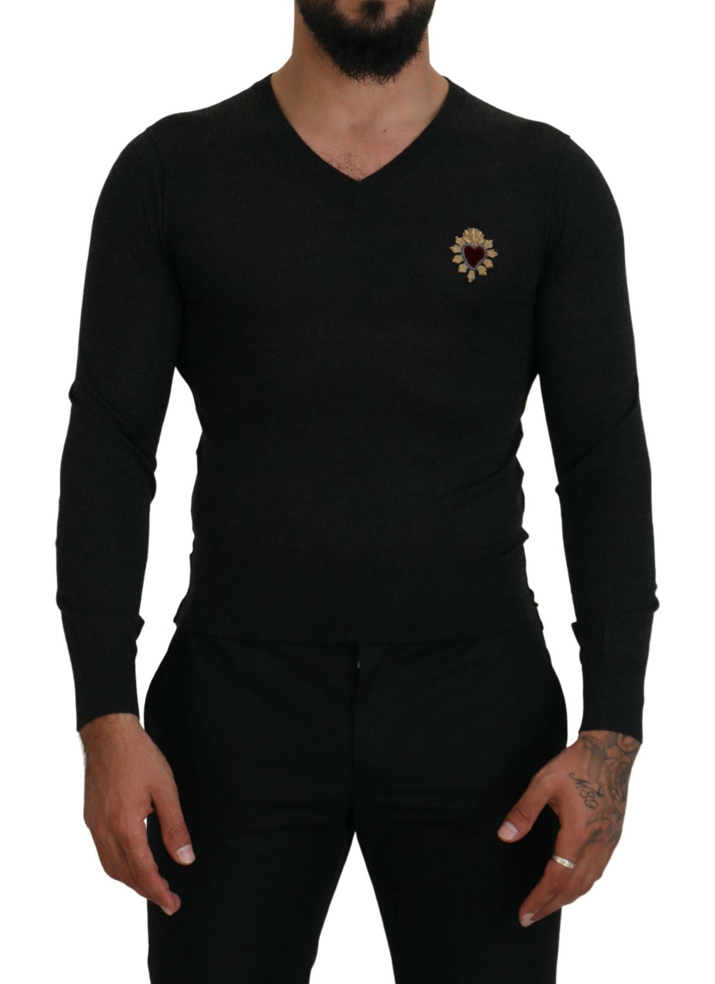 Dolce & Gabbana Gray Cashmere V-neck Gold Heart Sweater