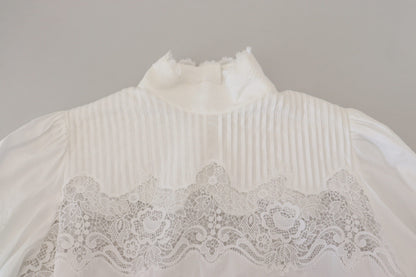 Dolce & Gabbana White Cotton Lace Trim Turtle Neck Blouse Top