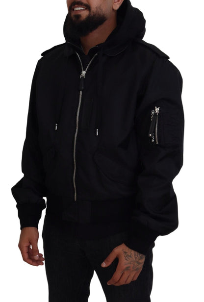 Dolce & Gabbana Black Nylon Hooded Full Zip Men Coat Jacket