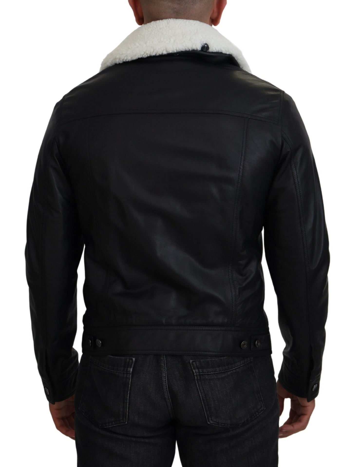 Dolce & Gabbana Black Lamb Leather Collared Men Coat Jacket