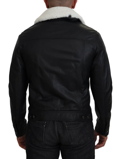 Dolce & Gabbana Black Lamb Leather Collared Men Coat Jacket