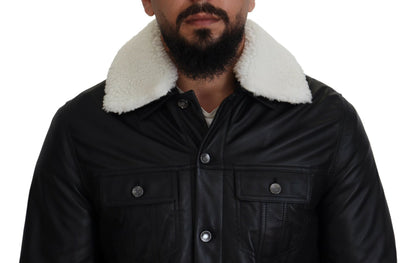 Dolce & Gabbana Black Lamb Leather Collared Men Coat Jacket